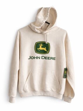 John Deere Logo Hoodie Cream Pullover Medium Farmcore Workwear NWT